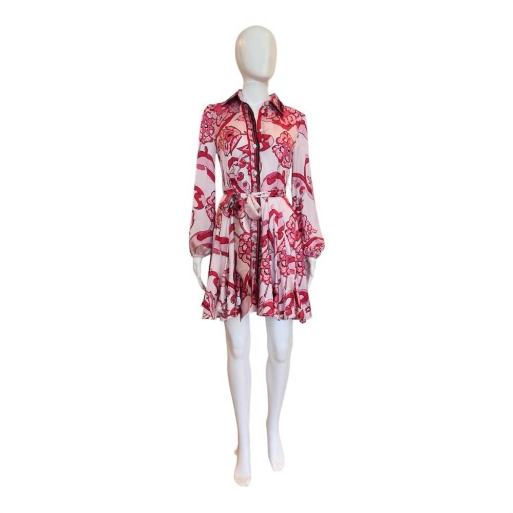 Kasia New Never worn Floral Red Pink Long Sleeve Mini Dress with Collar